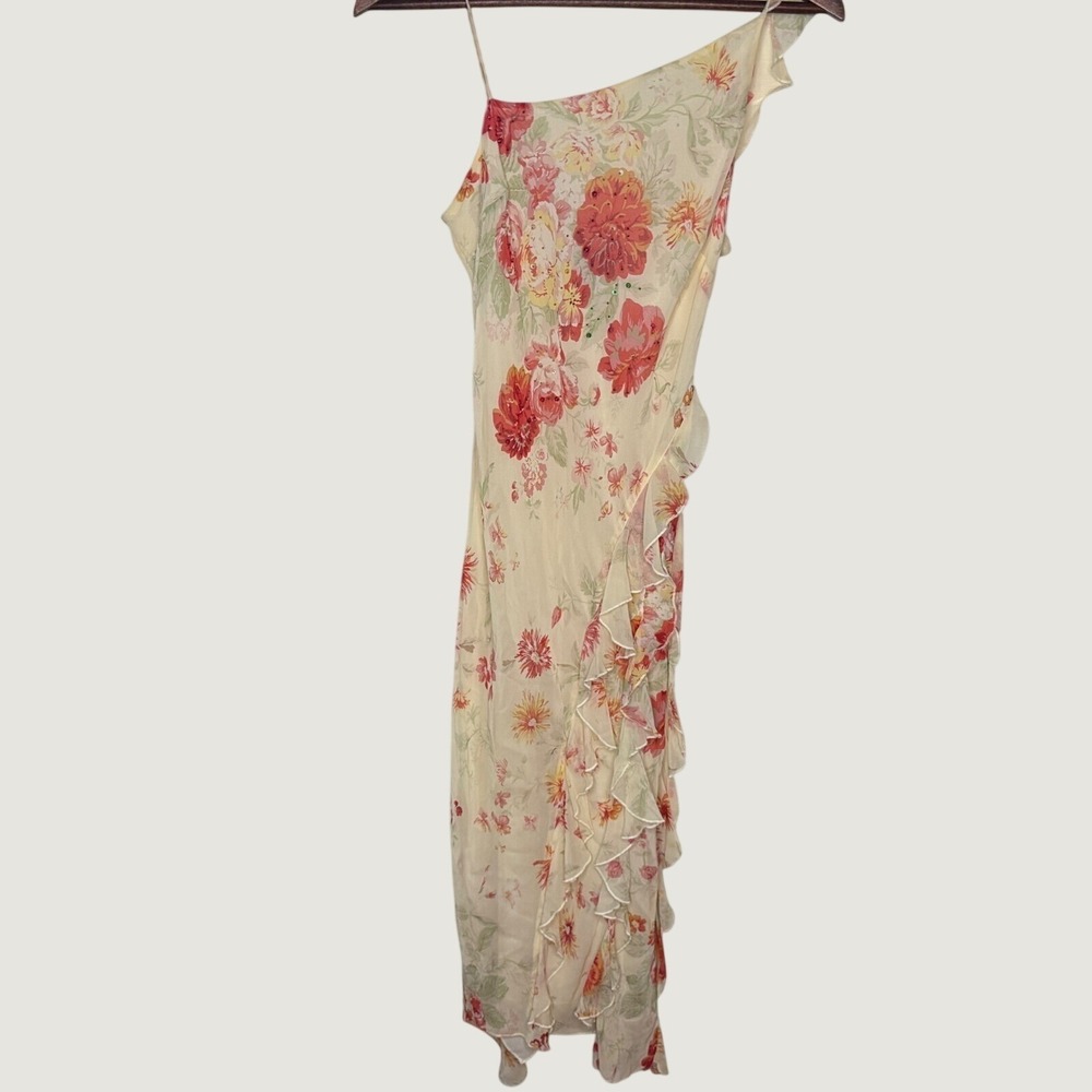 Vintage FairyCore 100% Silk Floral Ruffle Maxi Dress Beaded Whimsy Size 5/6